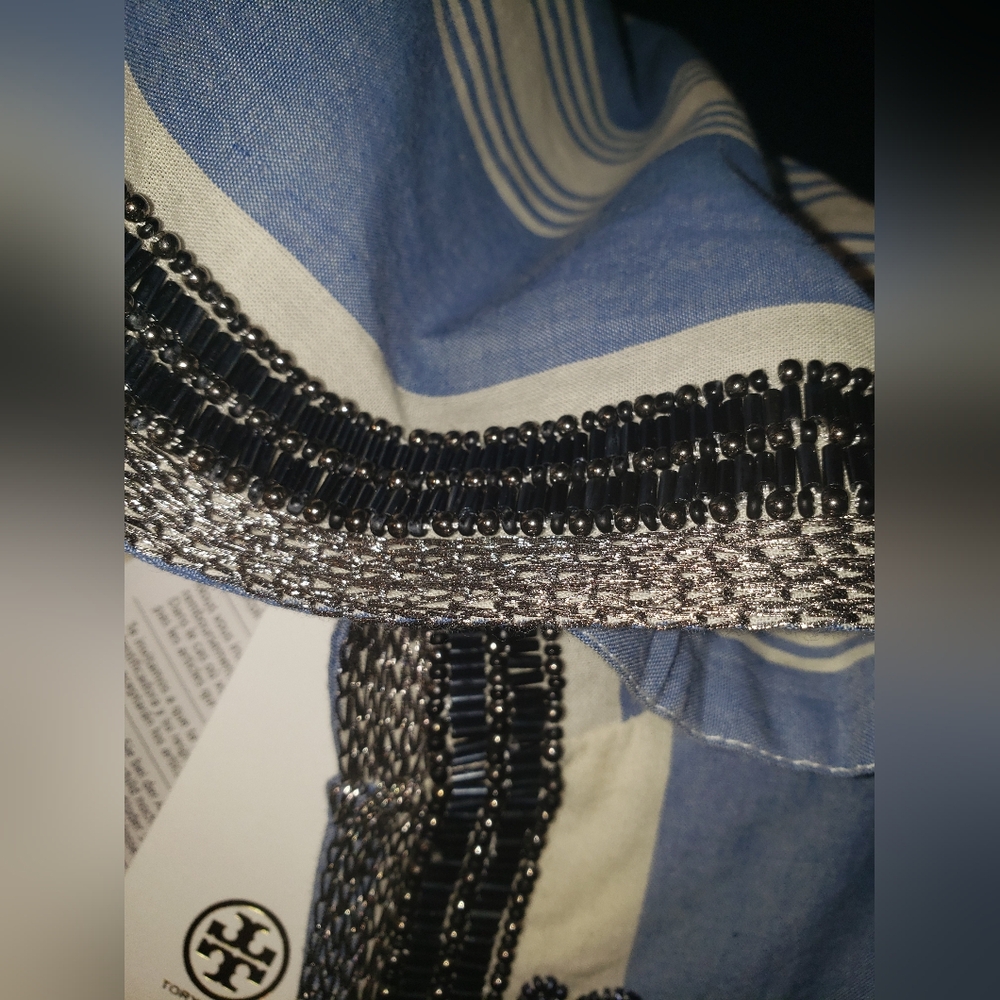 NWT. Tory Burch pinstripe blue white Striped Hood Kaftan sequins embroid   dress - Picture 5 of 16